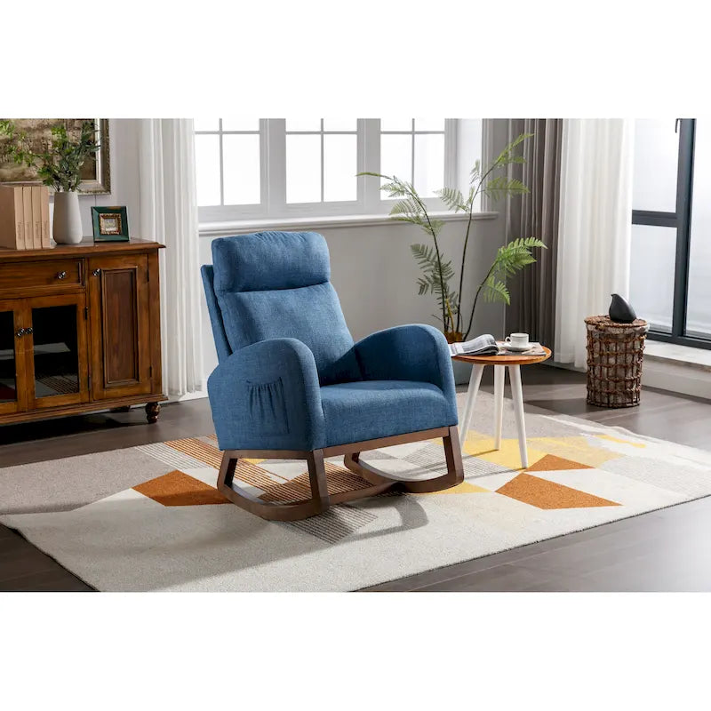 Fauteuil à bascule rembourré Blue 27 avec pieds en bois et pochette latérale pratique