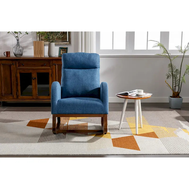 Fauteuil à bascule rembourré Blue 27 avec pieds en bois et pochette latérale pratique