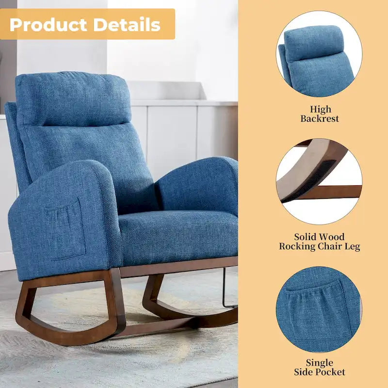 Fauteuil à bascule rembourré Blue 27 avec pieds en bois et pochette latérale pratique