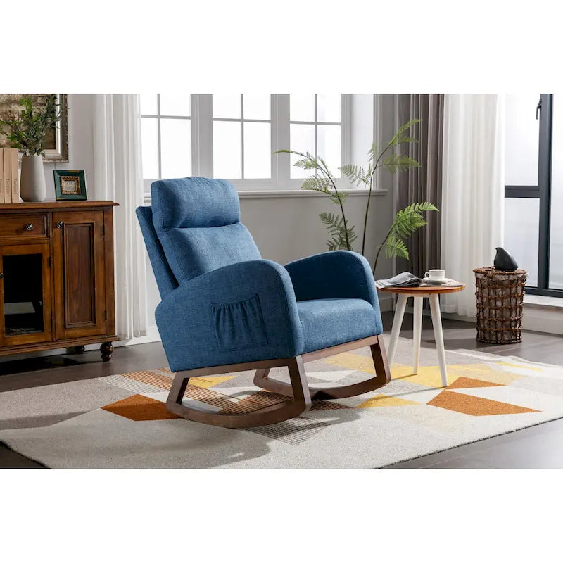 Fauteuil à bascule rembourré Blue 27 avec pieds en bois et pochette latérale pratique