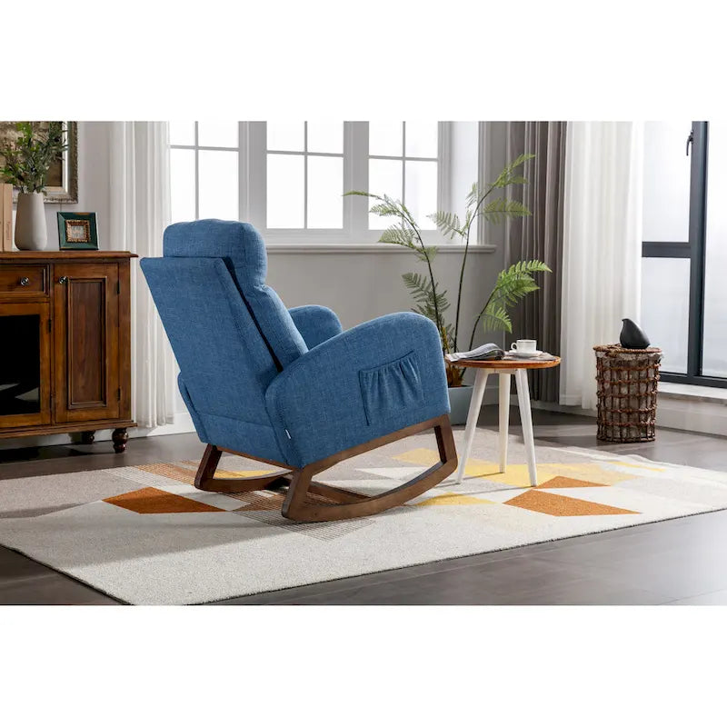 Fauteuil à bascule rembourré Blue 27 avec pieds en bois et pochette latérale pratique