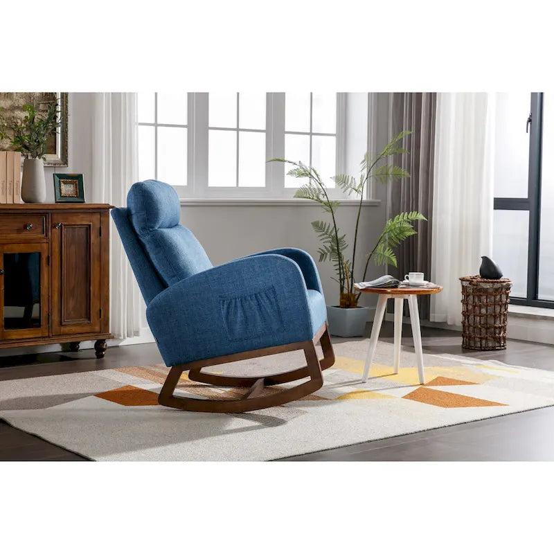 Fauteuil à bascule rembourré Blue 27 avec pieds en bois et pochette latérale pratique