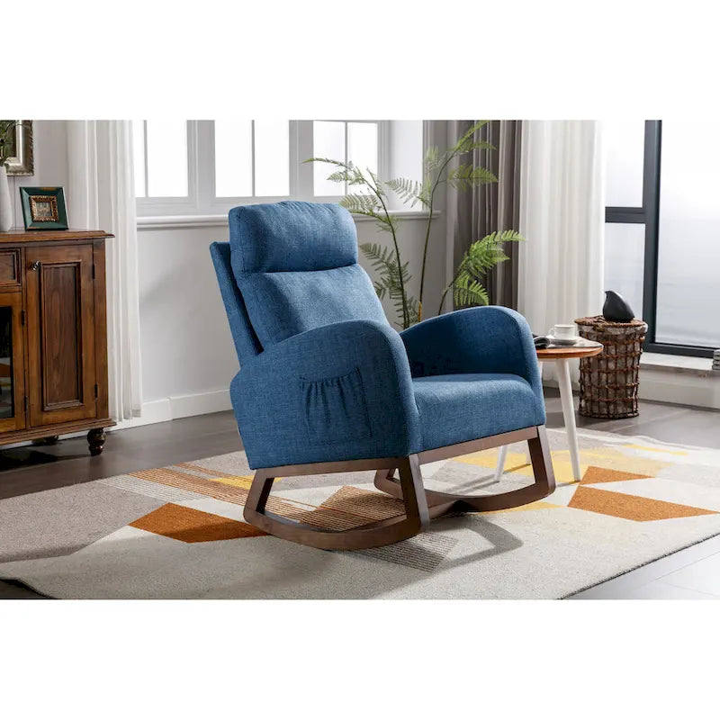 Fauteuil à bascule rembourré Blue 27 avec pieds en bois et pochette latérale pratique