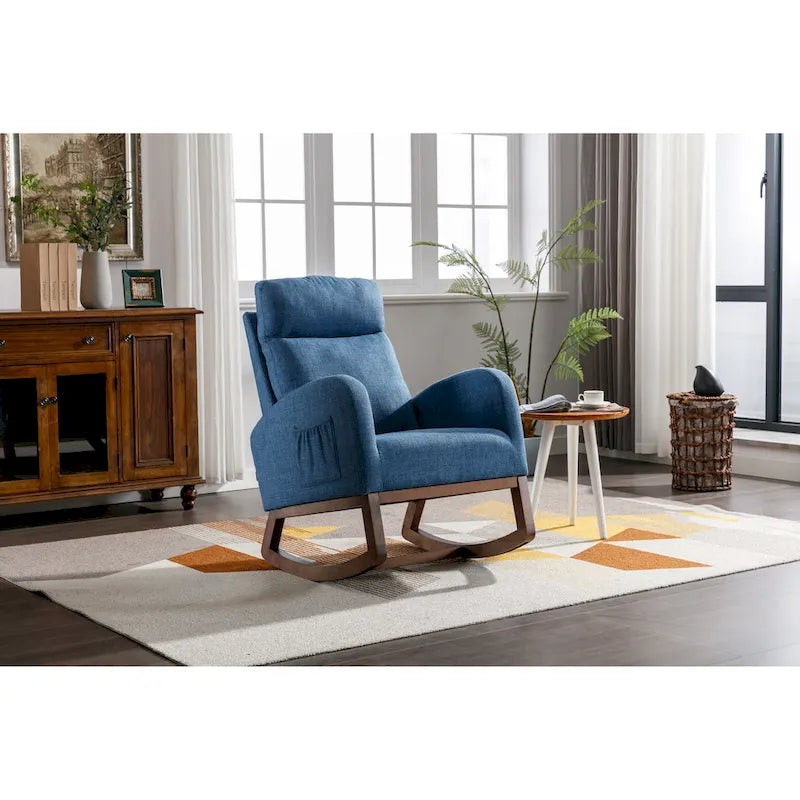 Fauteuil à bascule rembourré Blue 27 avec pieds en bois et pochette latérale pratique
