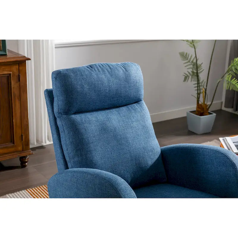 Fauteuil à bascule rembourré Blue 27 avec pieds en bois et pochette latérale pratique