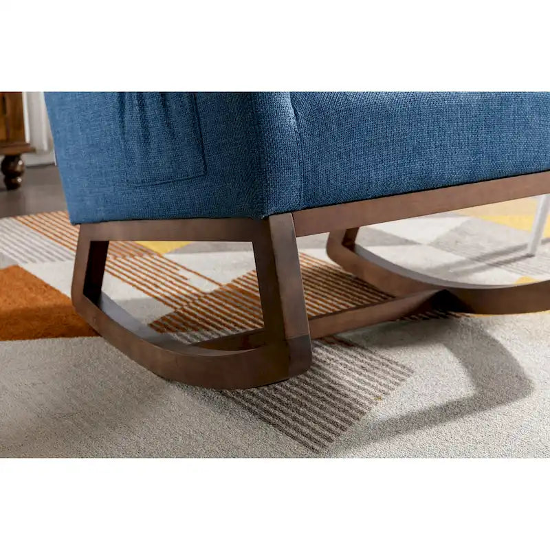 Fauteuil à bascule rembourré Blue 27 avec pieds en bois et pochette latérale pratique