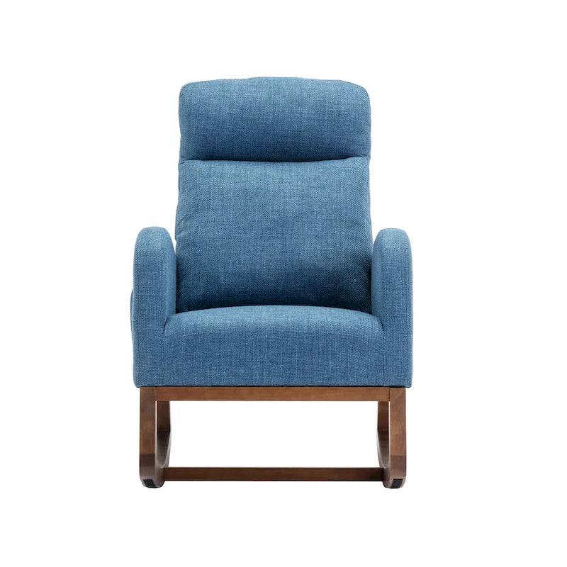 Fauteuil à bascule rembourré Blue 27 avec pieds en bois et pochette latérale pratique