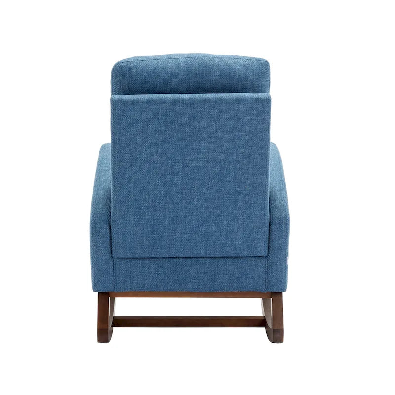 Fauteuil à bascule rembourré Blue 27 avec pieds en bois et pochette latérale pratique