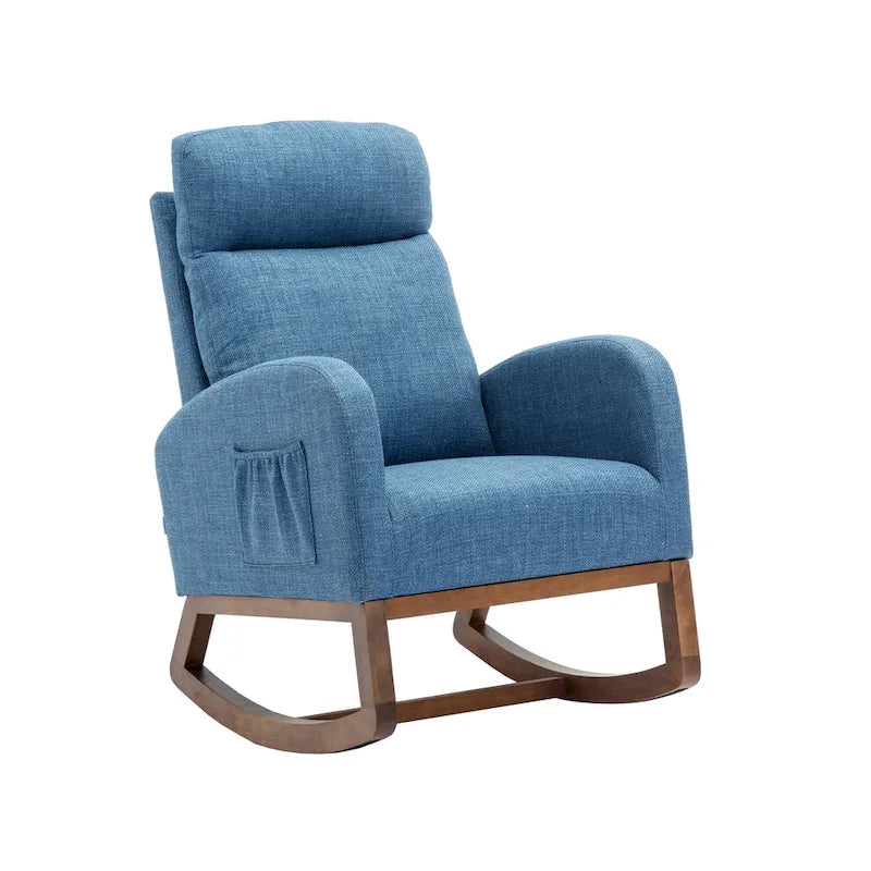 Fauteuil à bascule rembourré Blue 27 avec pieds en bois et pochette latérale pratique