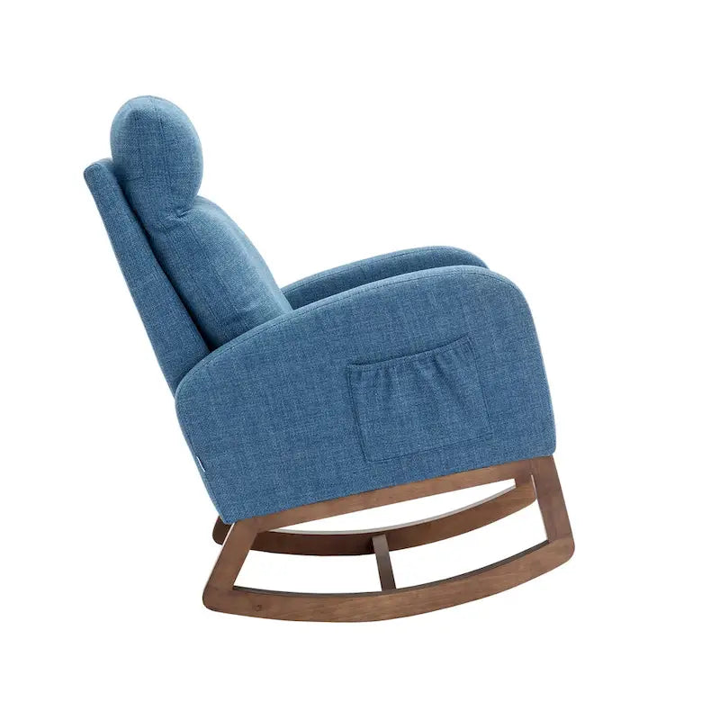 Fauteuil à bascule rembourré Blue 27 avec pieds en bois et pochette latérale pratique