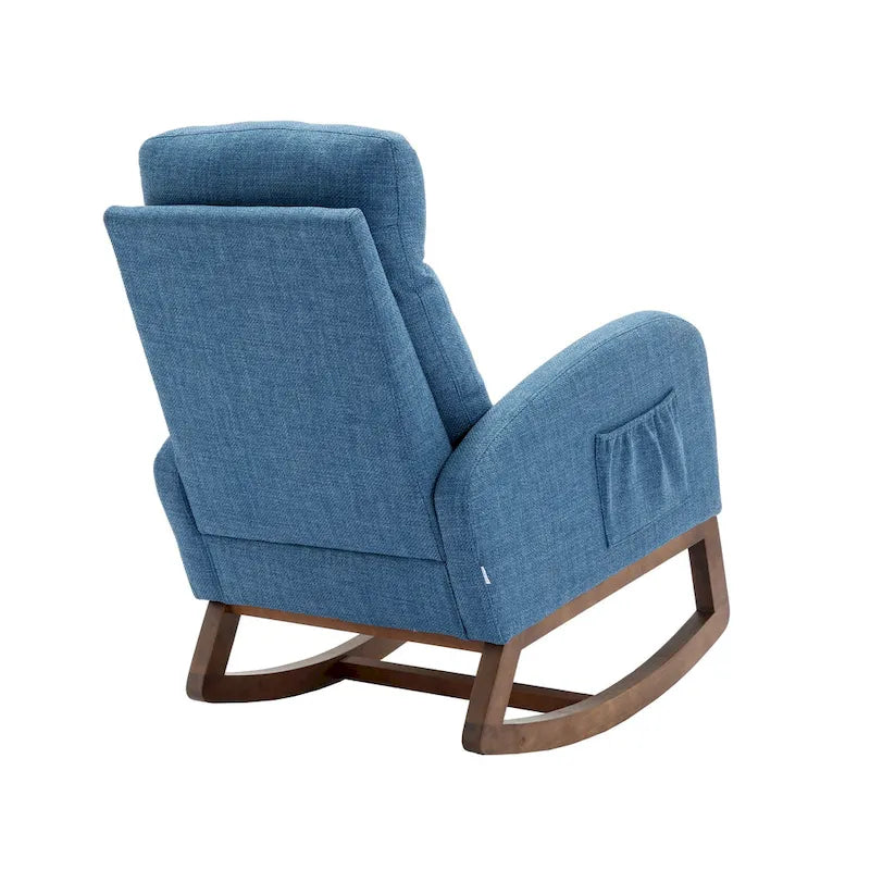Fauteuil à bascule rembourré Blue 27 avec pieds en bois et pochette latérale pratique