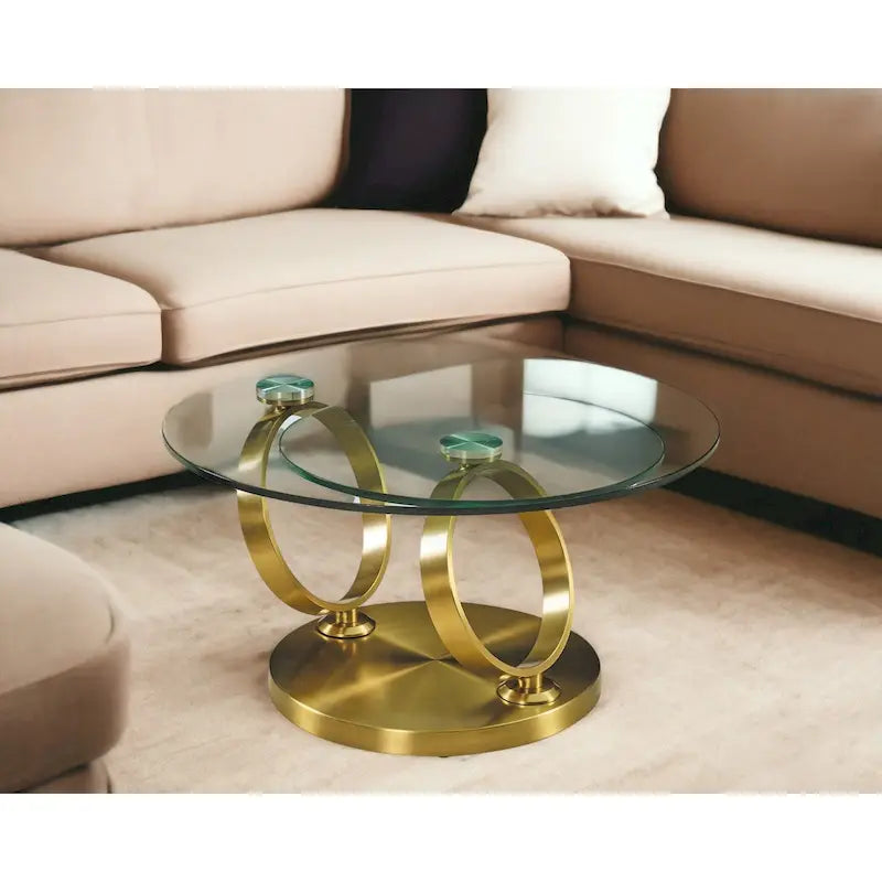 Table Basse Ronde Abstraite en Verre et Métal Doré Transparent de 32 po - 31,5 po x 17 po x 31,5 po