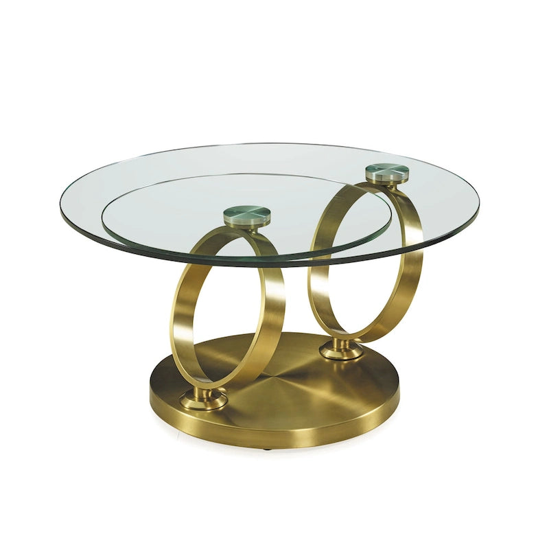 Table Basse Ronde Abstraite en Verre et Métal Doré Transparent de 32 po - 31,5 po x 17 po x 31,5 po