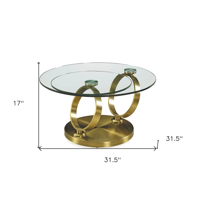 Table Basse Ronde Abstraite en Verre et Métal Doré Transparent de 32 po - 31,5 po x 17 po x 31,5 po