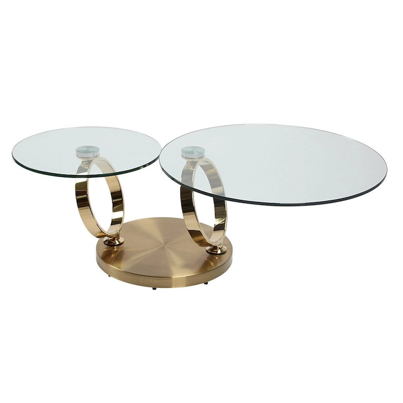 Table Basse Ronde Abstraite en Verre et Métal Doré Transparent de 32 po - 31,5 po x 17 po x 31,5 po
