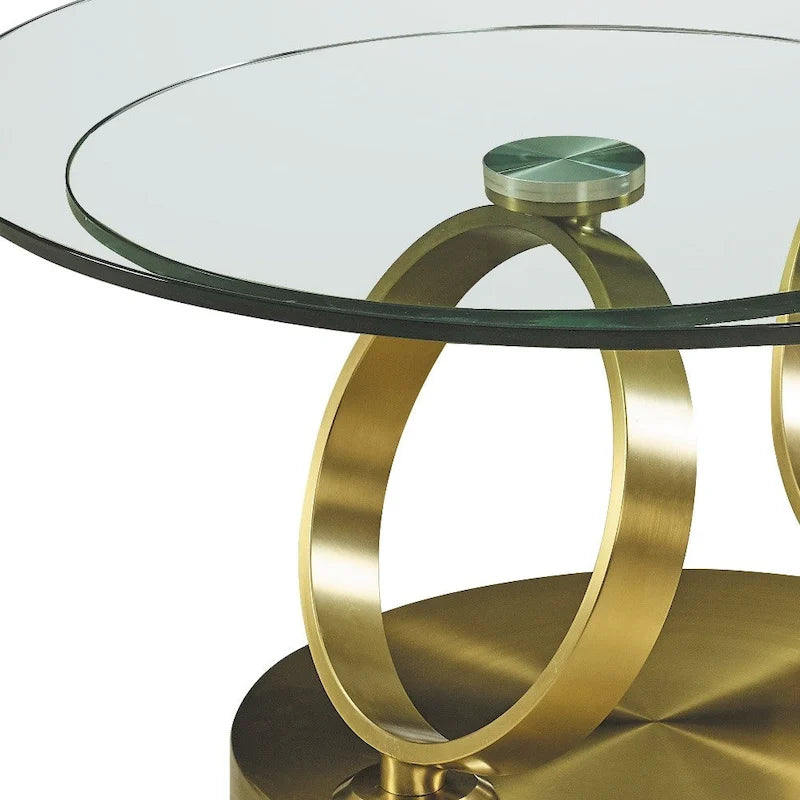 Table Basse Ronde Abstraite en Verre et Métal Doré Transparent de 32 po - 31,5 po x 17 po x 31,5 po