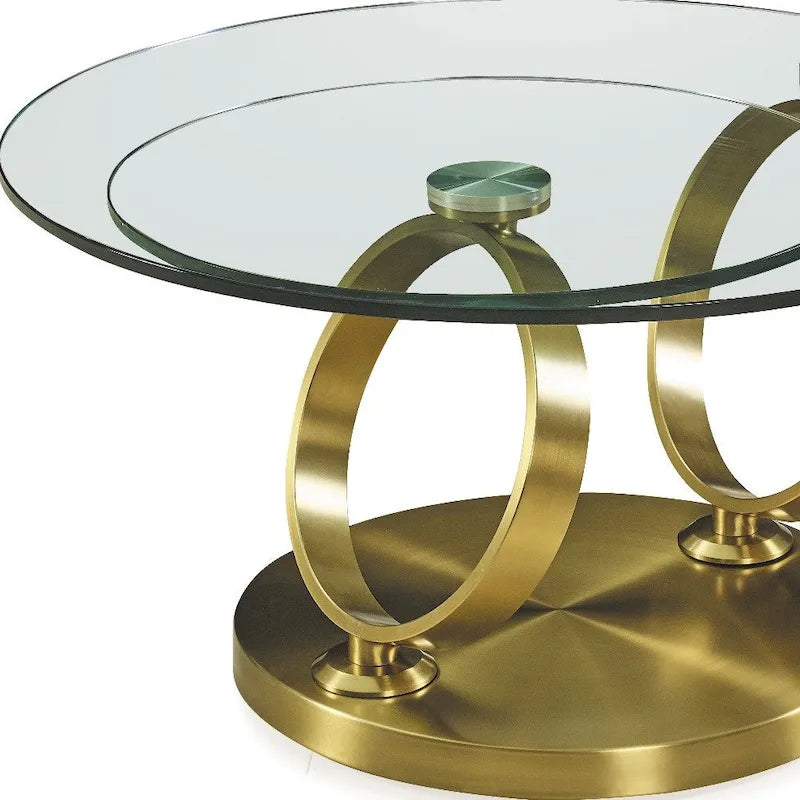Table Basse Ronde Abstraite en Verre et Métal Doré Transparent de 32 po - 31,5 po x 17 po x 31,5 po
