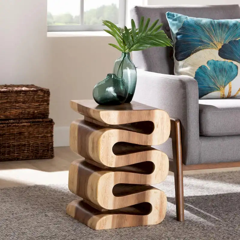 Table d'appoint en bois de Suar sculptée à la main - Table d'appoint sculpturale ondulée, style bohème moderne pour salon ou chambre.