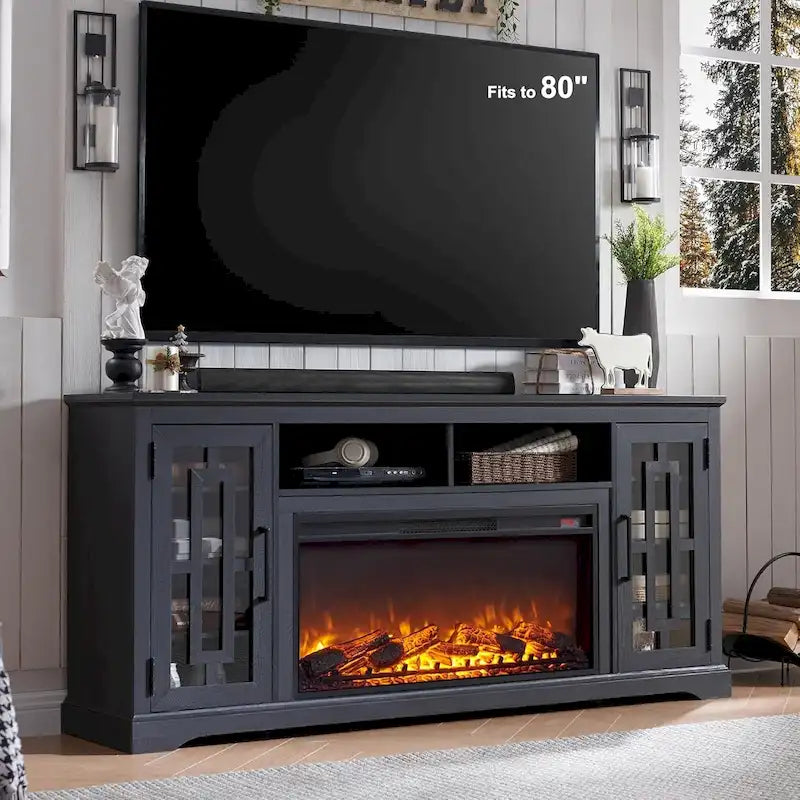 Meuble TV de cheminée de ferme pour téléviseur de 80 pouces, Centre de divertissement