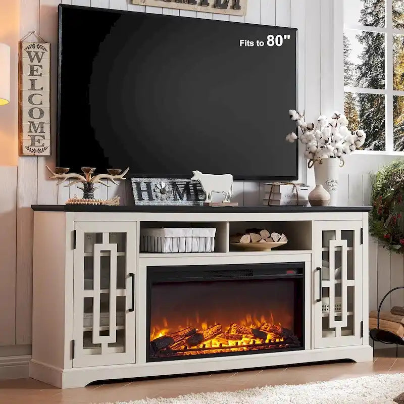 Meuble TV de cheminée de ferme pour téléviseur de 80 pouces, Centre de divertissement