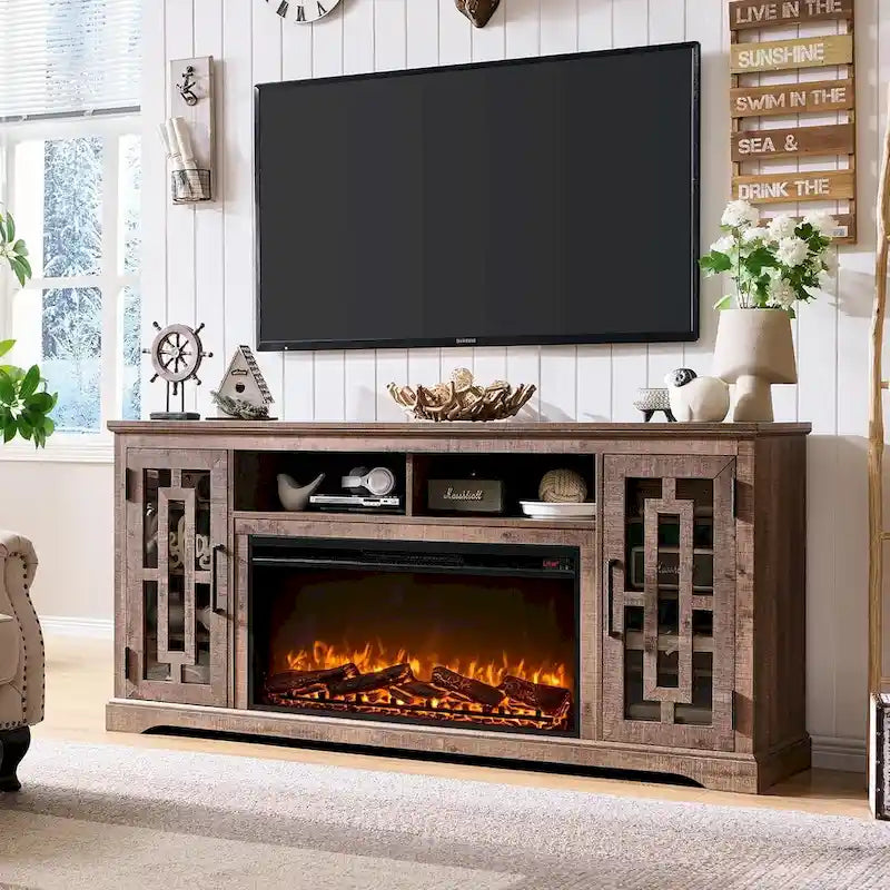 Meuble TV de cheminée de ferme pour téléviseur de 80 pouces, Centre de divertissement