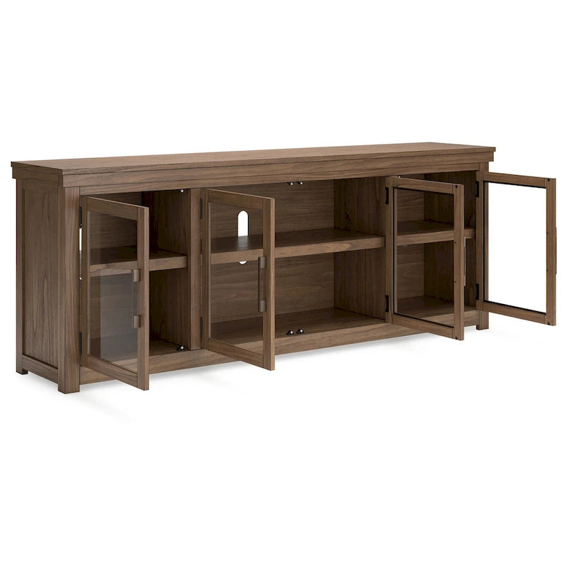 Meuble TV, 4 portes vitrées, étagères, bois marron 85 pouces