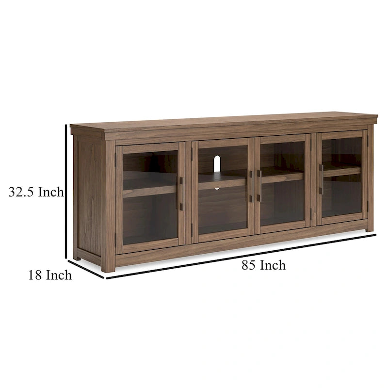 Meuble TV, 4 portes vitrées, étagères, bois marron 85 pouces