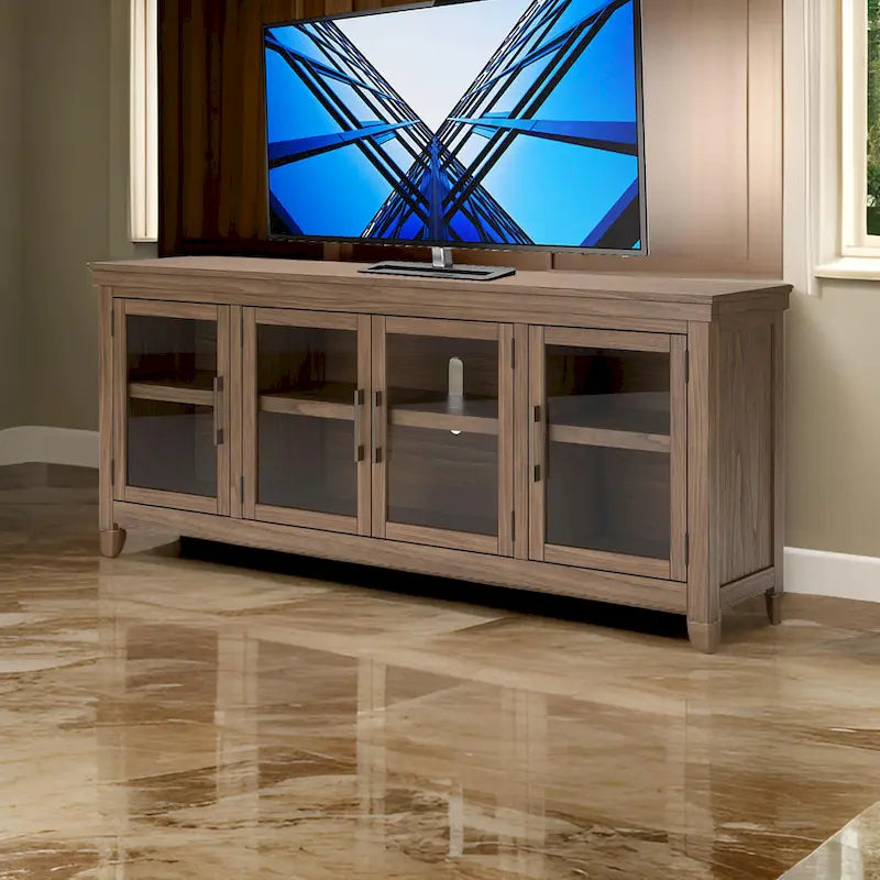 Meuble TV, 4 portes vitrées, étagères, bois marron 85 pouces