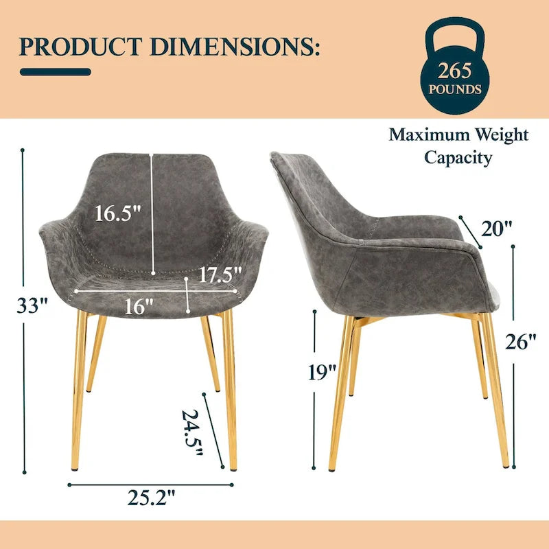 Chaise de salle à manger avec pieds en métal doré, lot de 2 - Marron clair - 24.5Px25.2Lx33H