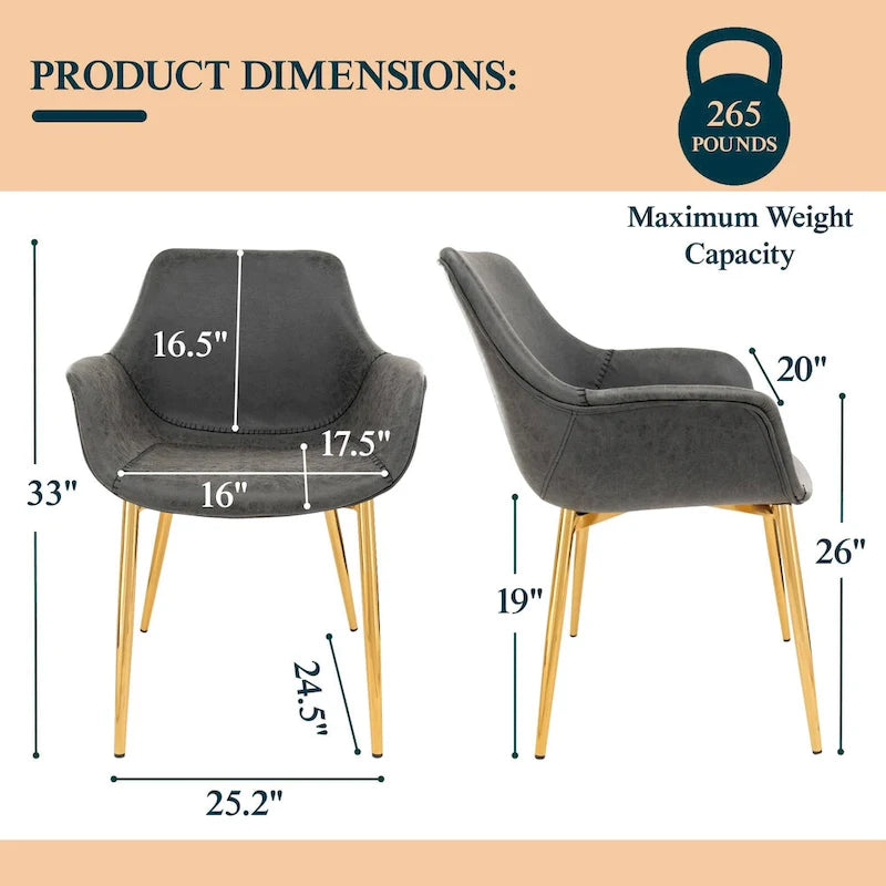 Chaise de salle à manger avec pieds en métal doré, lot de 2 - Marron clair - 24.5Px25.2Lx33H