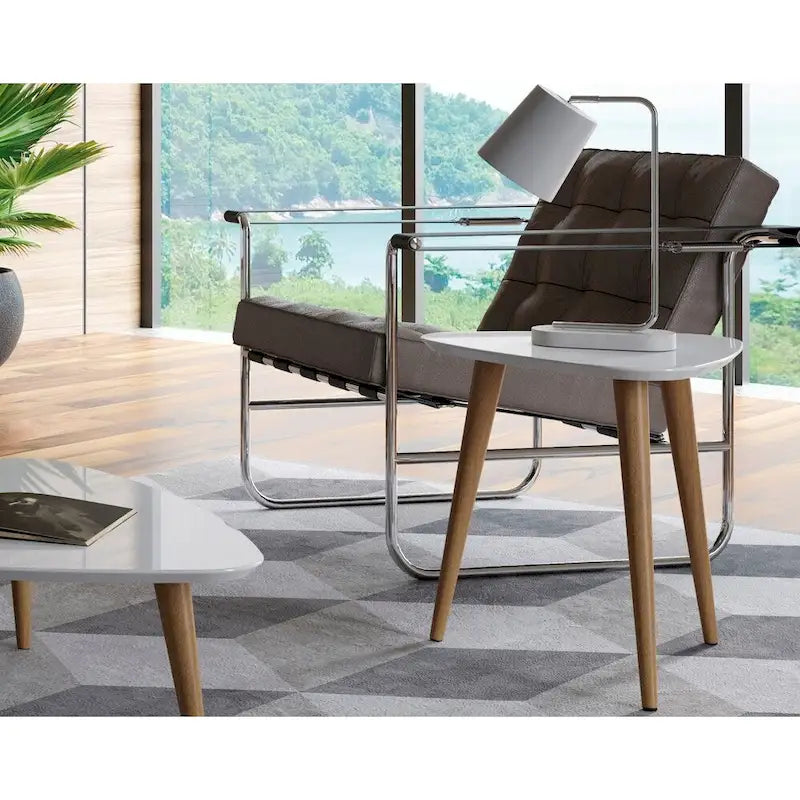 Table d'appoint haute triangulaire avec pieds en bois évasés (19,88)