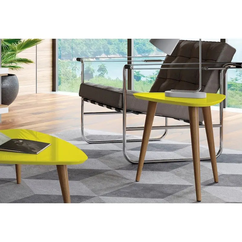 Table d'appoint haute triangulaire avec pieds en bois évasés (19,88)