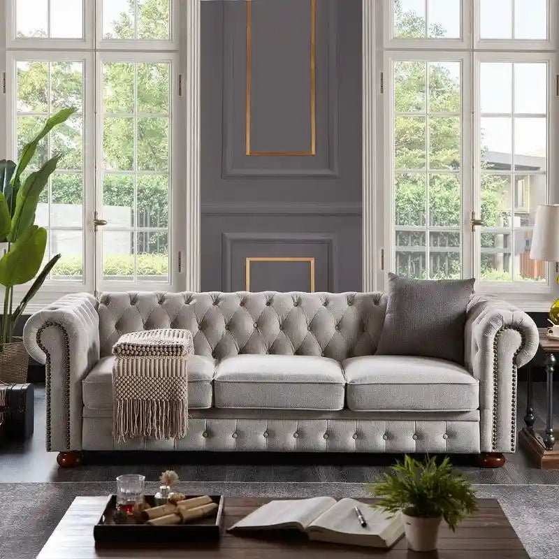 Canapé Chesterfield en tissu de lin