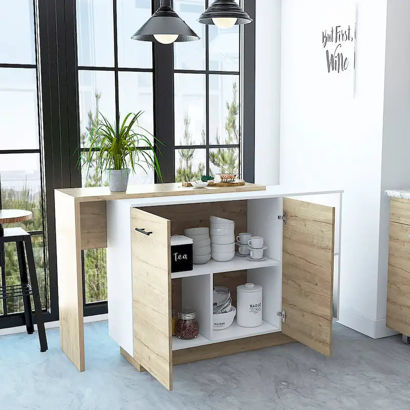 Îlot de cuisine avec 2 étagères ouvertes, meuble à double porte et 3 étagères intérieures