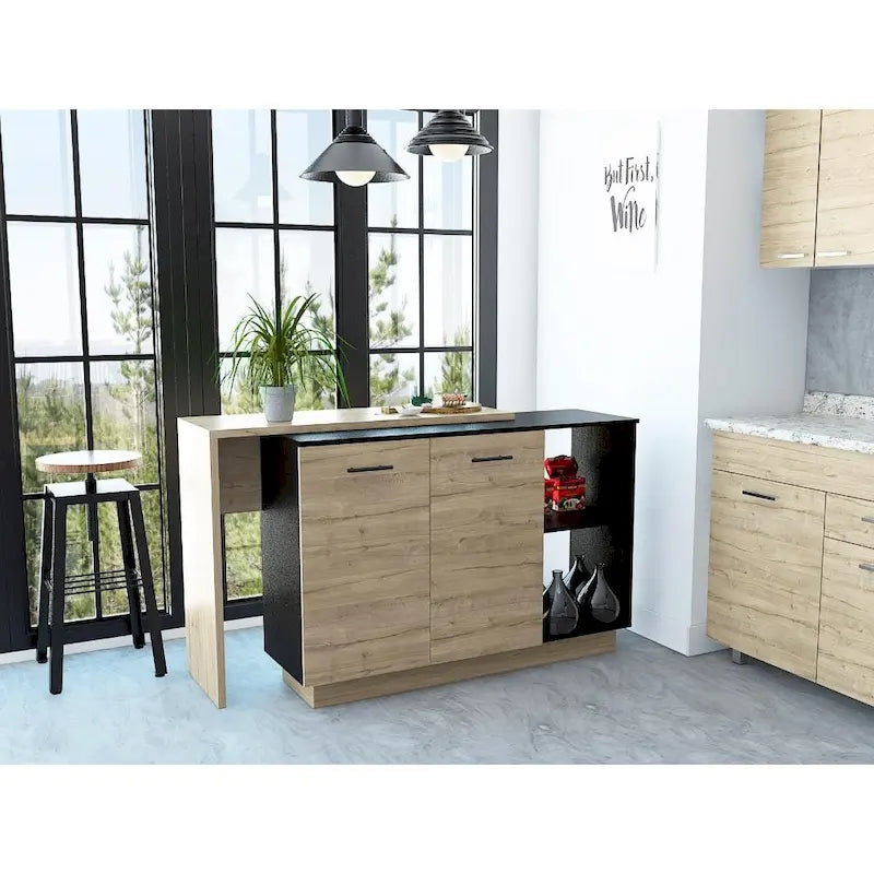 Îlot de cuisine avec 2 étagères ouvertes, meuble à double porte et 3 étagères intérieures