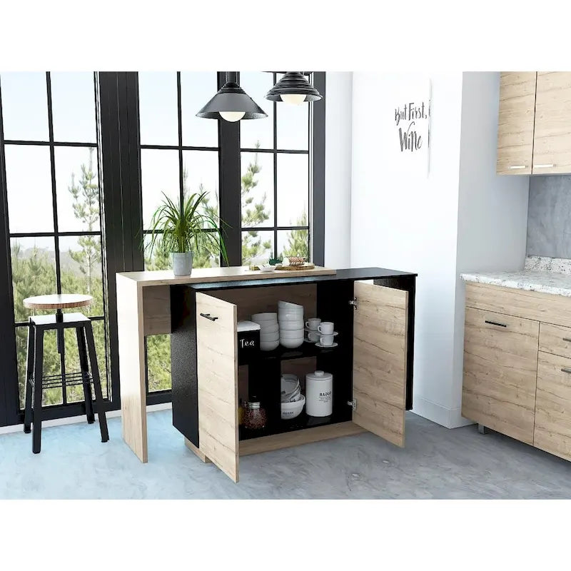 Îlot de cuisine avec 2 étagères ouvertes, meuble à double porte et 3 étagères intérieures