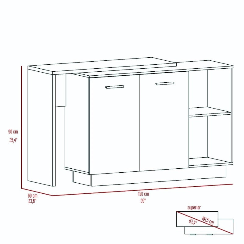 Îlot de cuisine avec 2 étagères ouvertes, meuble à double porte et 3 étagères intérieures