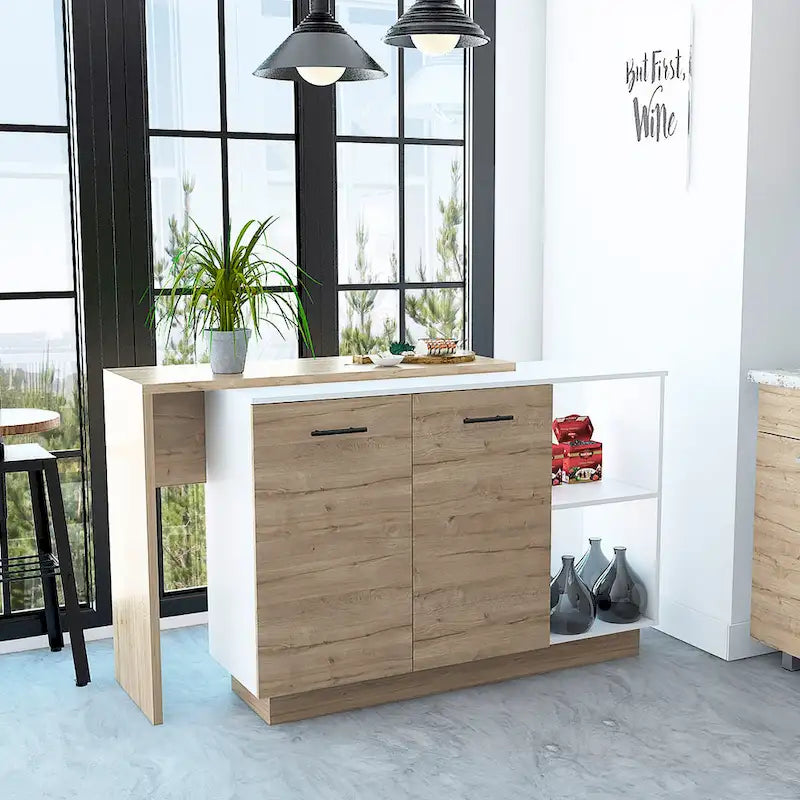Îlot de cuisine avec 2 étagères ouvertes, meuble à double porte et 3 étagères intérieures
