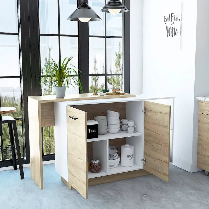 Îlot de cuisine avec 2 étagères ouvertes, meuble à double porte et 3 étagères intérieures