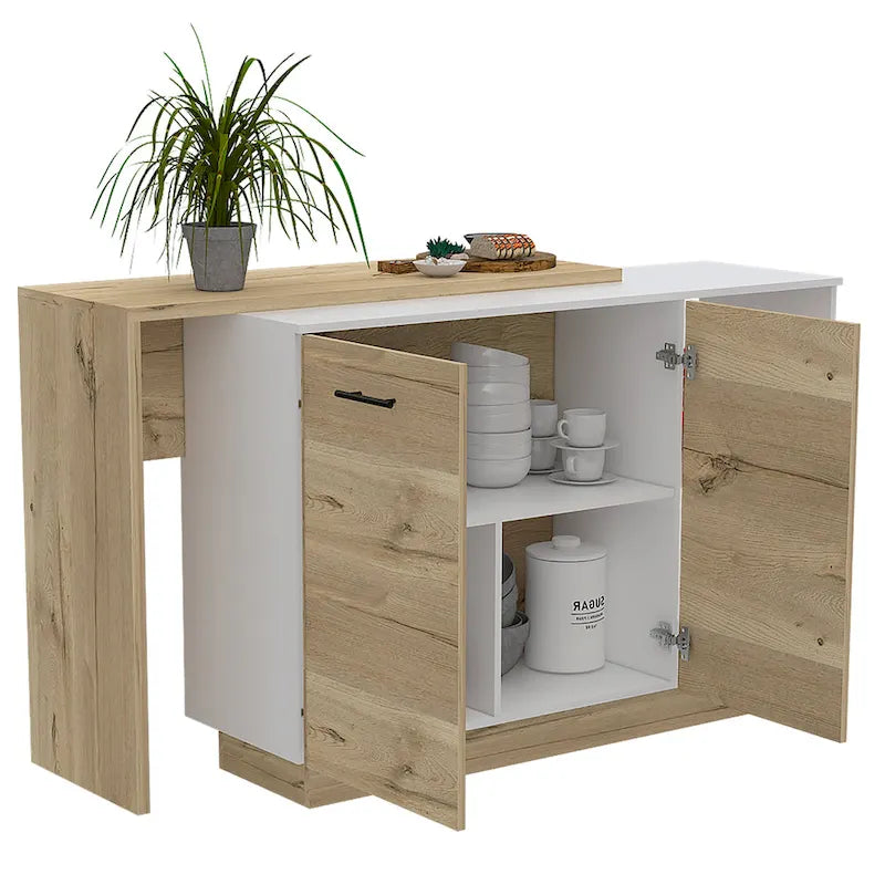 Îlot de cuisine avec 2 étagères ouvertes, meuble à double porte et 3 étagères intérieures