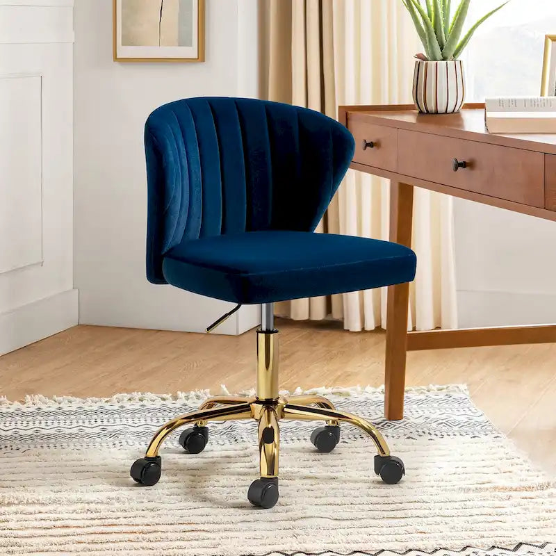 Fauteuil de bureau ergonomique pivotant à 360° en velours capitonné avec dossier nervuré