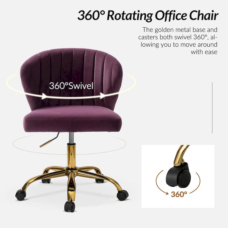Fauteuil de bureau ergonomique pivotant à 360° en velours capitonné avec dossier nervuré