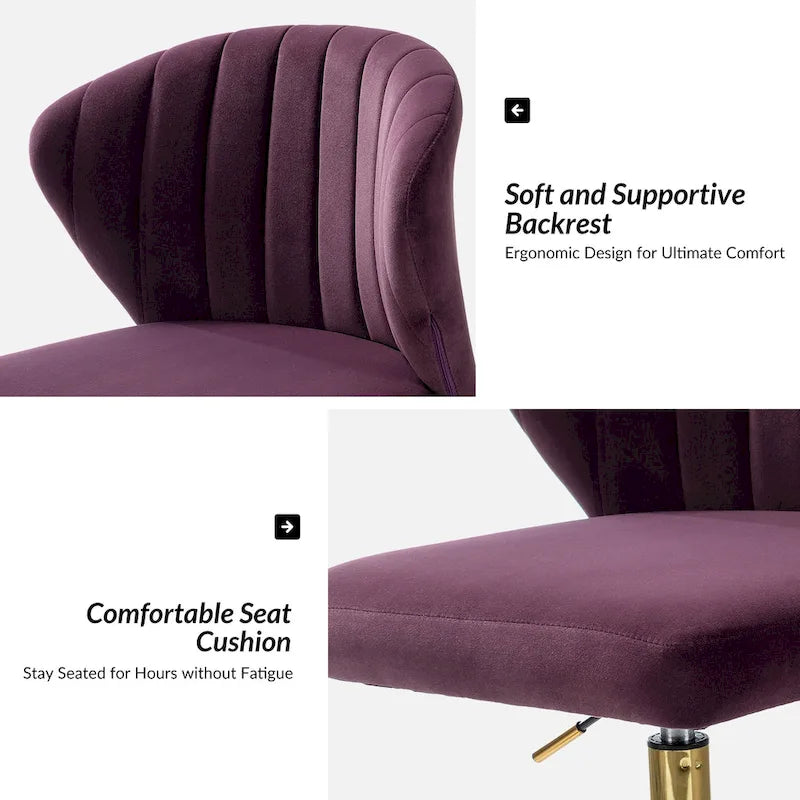 Fauteuil de bureau ergonomique pivotant à 360° en velours capitonné avec dossier nervuré