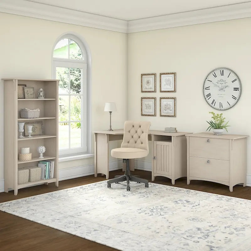 Bureau d'angle 55 W avec classeur latéral et bibliothèque à 5 étagères