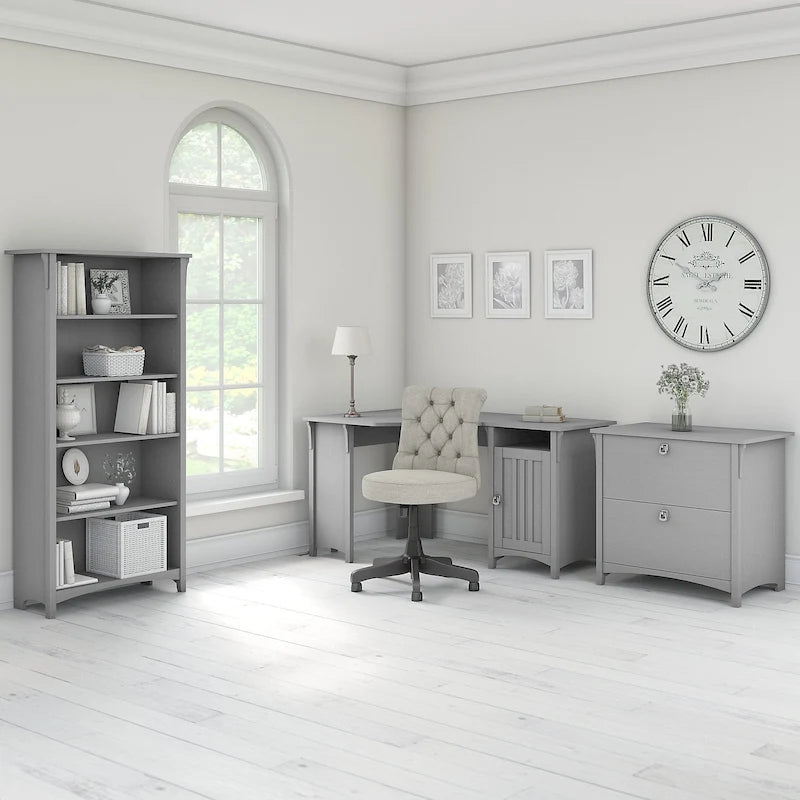 Bureau d'angle 55 W avec classeur latéral et bibliothèque à 5 étagères