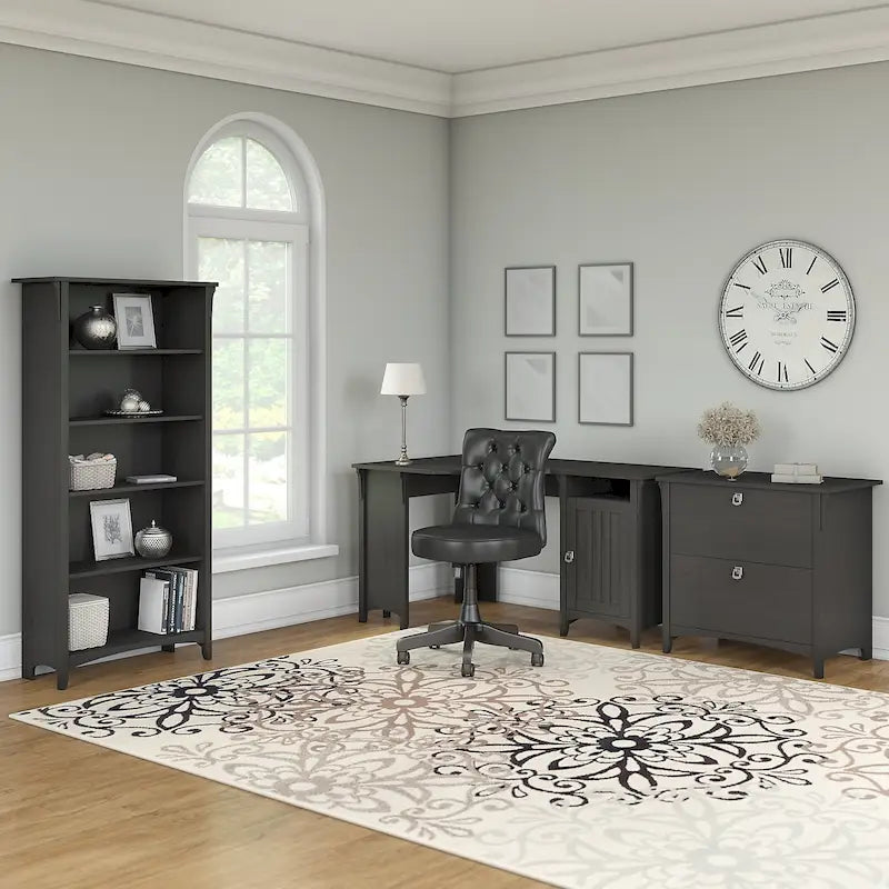 Bureau d'angle 55 W avec classeur latéral et bibliothèque à 5 étagères
