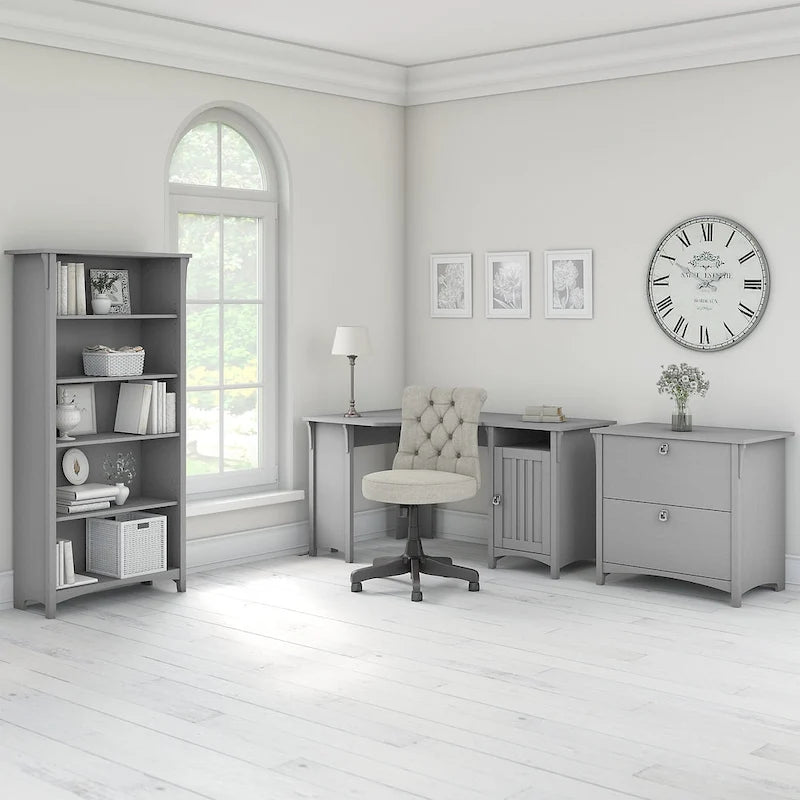 Bureau d'angle 55 W avec classeur latéral et bibliothèque à 5 étagères