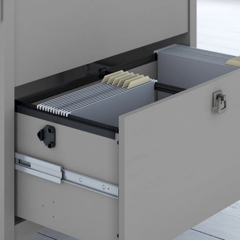Bureau d'angle 55 W avec classeur latéral et bibliothèque à 5 étagères