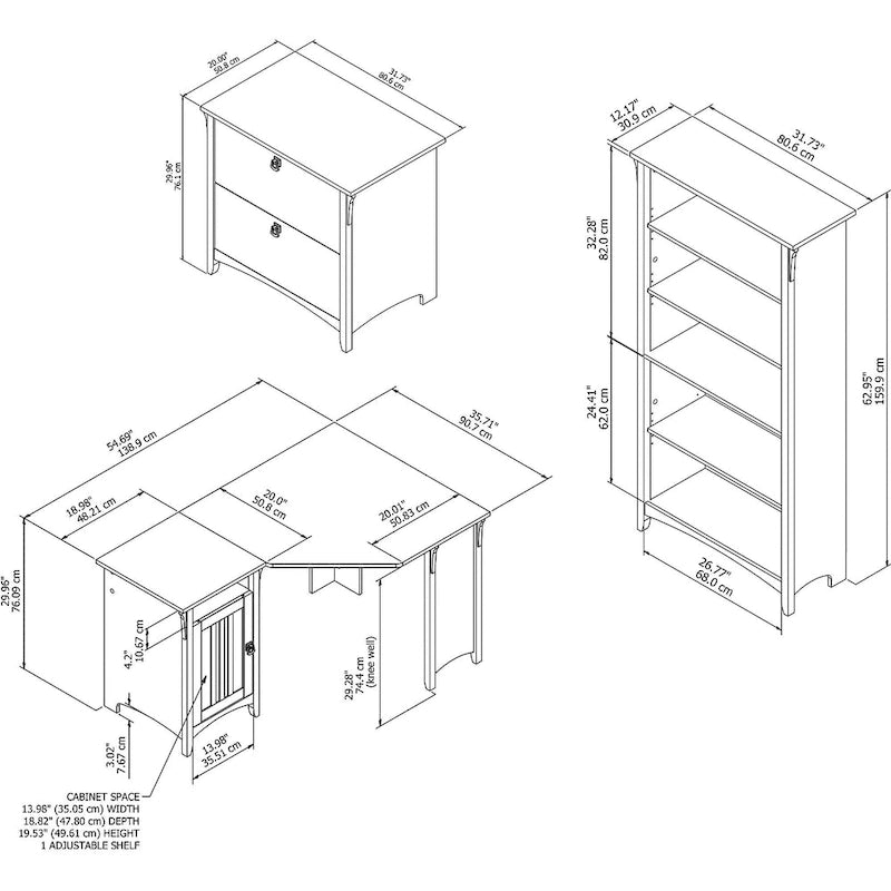 Bureau d'angle 55 W avec classeur latéral et bibliothèque à 5 étagères