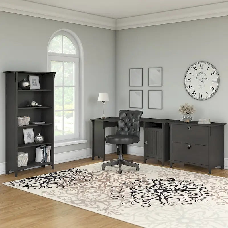 Bureau d'angle 55 W avec classeur latéral et bibliothèque à 5 étagères